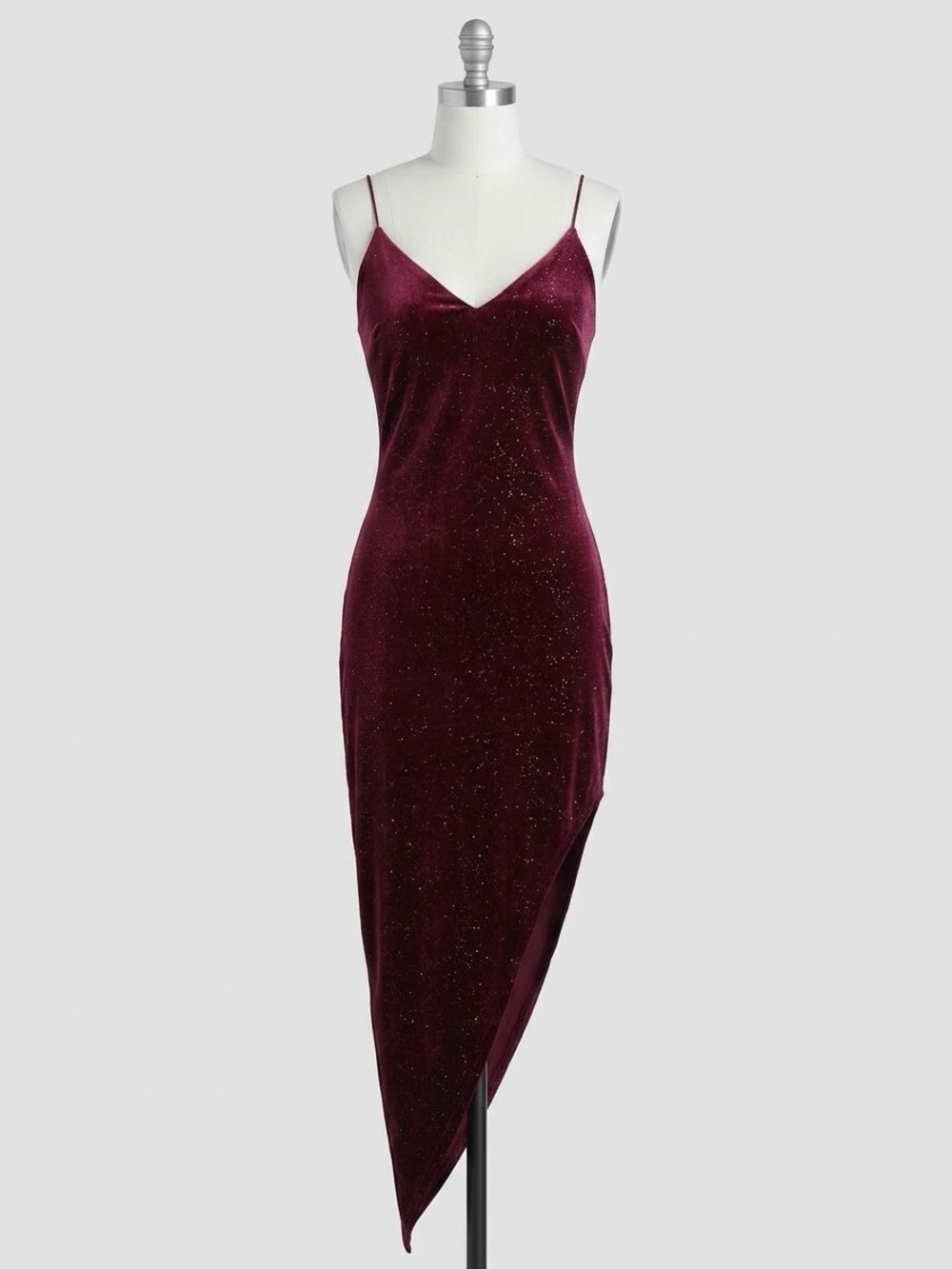 Velvet Sparkle Asymmetrical Slip Dress - Wine
